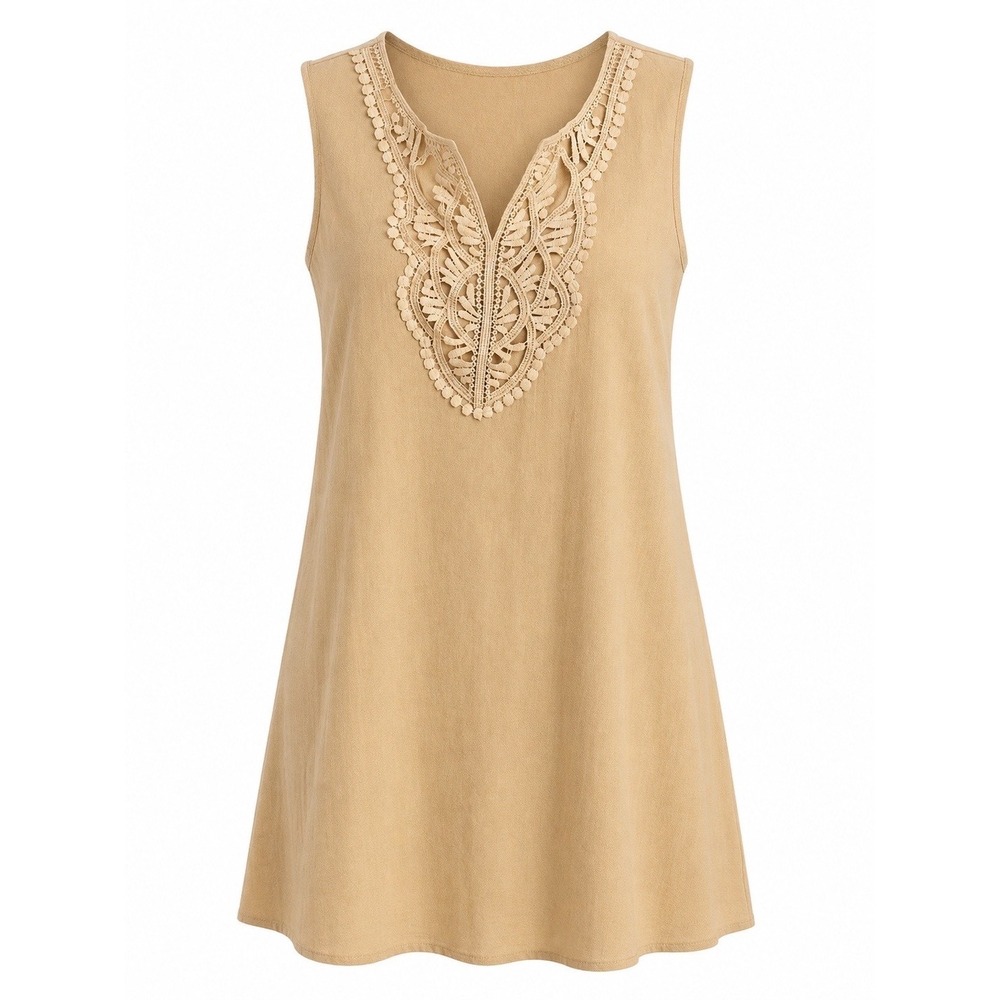 Boho Embroidered Lace Shift Dress Medium Beige Sleeveless Beach Vacation NWOT